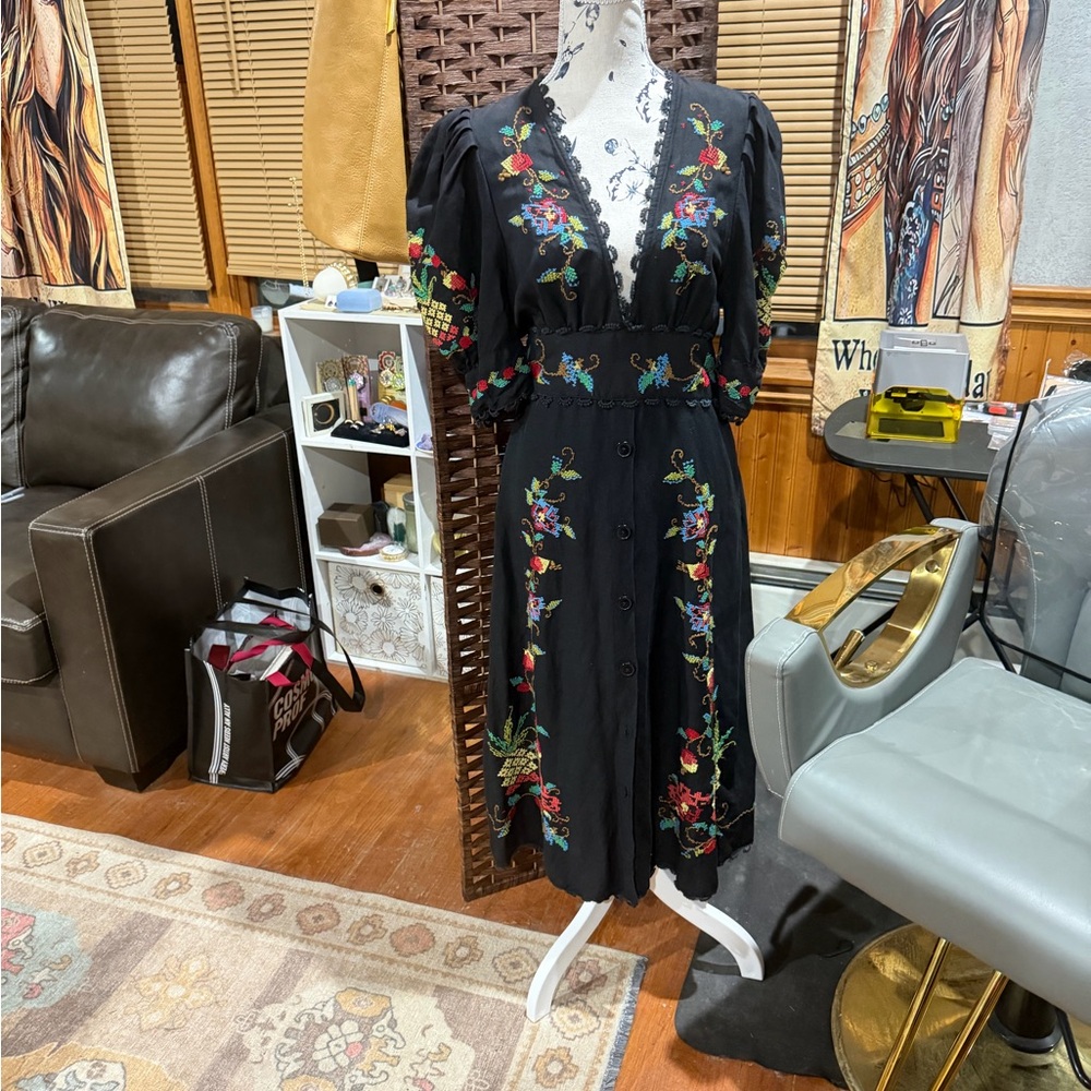 Farm Rio Embroidered Black Dress